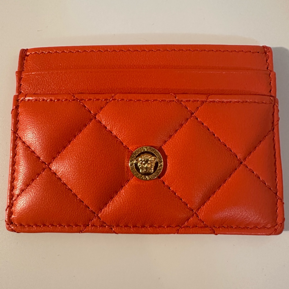 Versace Lamb Leather Orange Quilted Card Holder